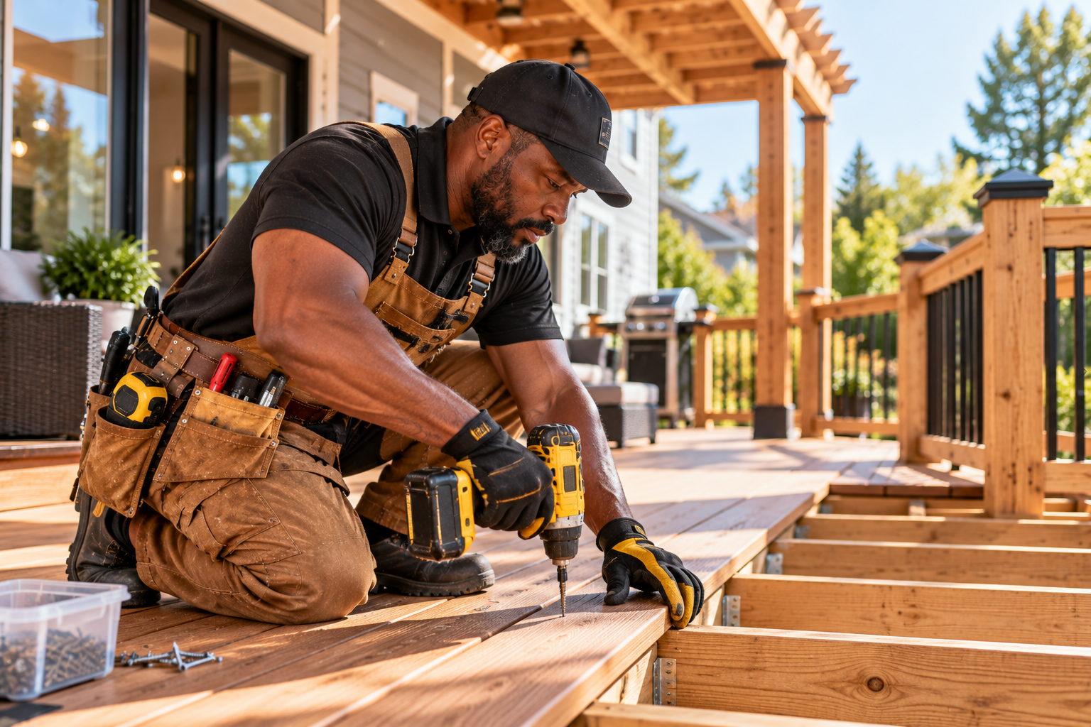 craftsman building a backyard deck